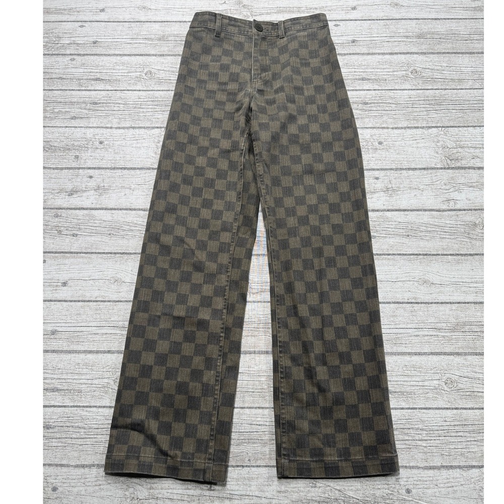 Oak + Fort Dress Pants Women's 0 Brown Checkered High Rise Wide Leg Relaxed Fit